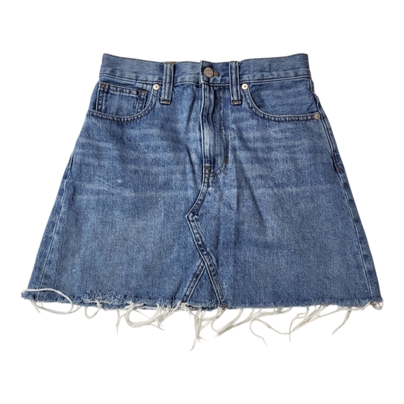 Madewell Skirt Rigid Denim A-line Medium Wash Denim Mini Length Raw Hem Size 24 - Picture 1 of 8